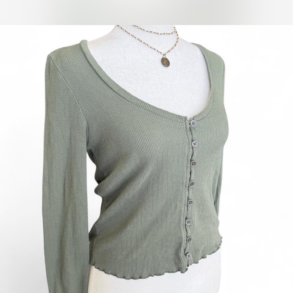 Olive Green Ribbed Button-Up - Picture 5 of 7